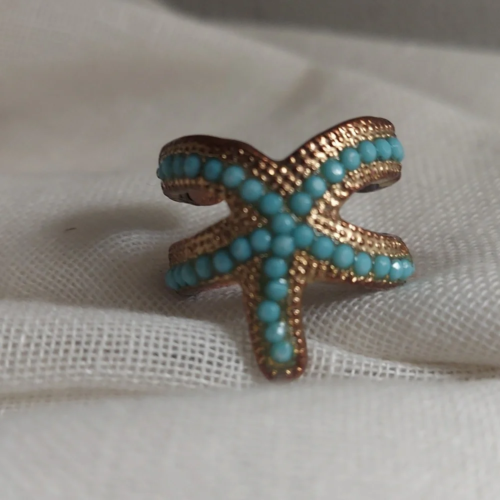 Turquoise Blue Brass Ocean Starfish Open End Ring